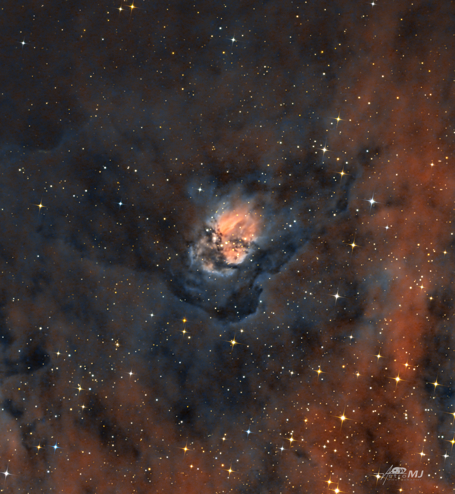 The Ghost Nebula, Sh2-136, a blue-gray reflection nebula with eerie face-like structure