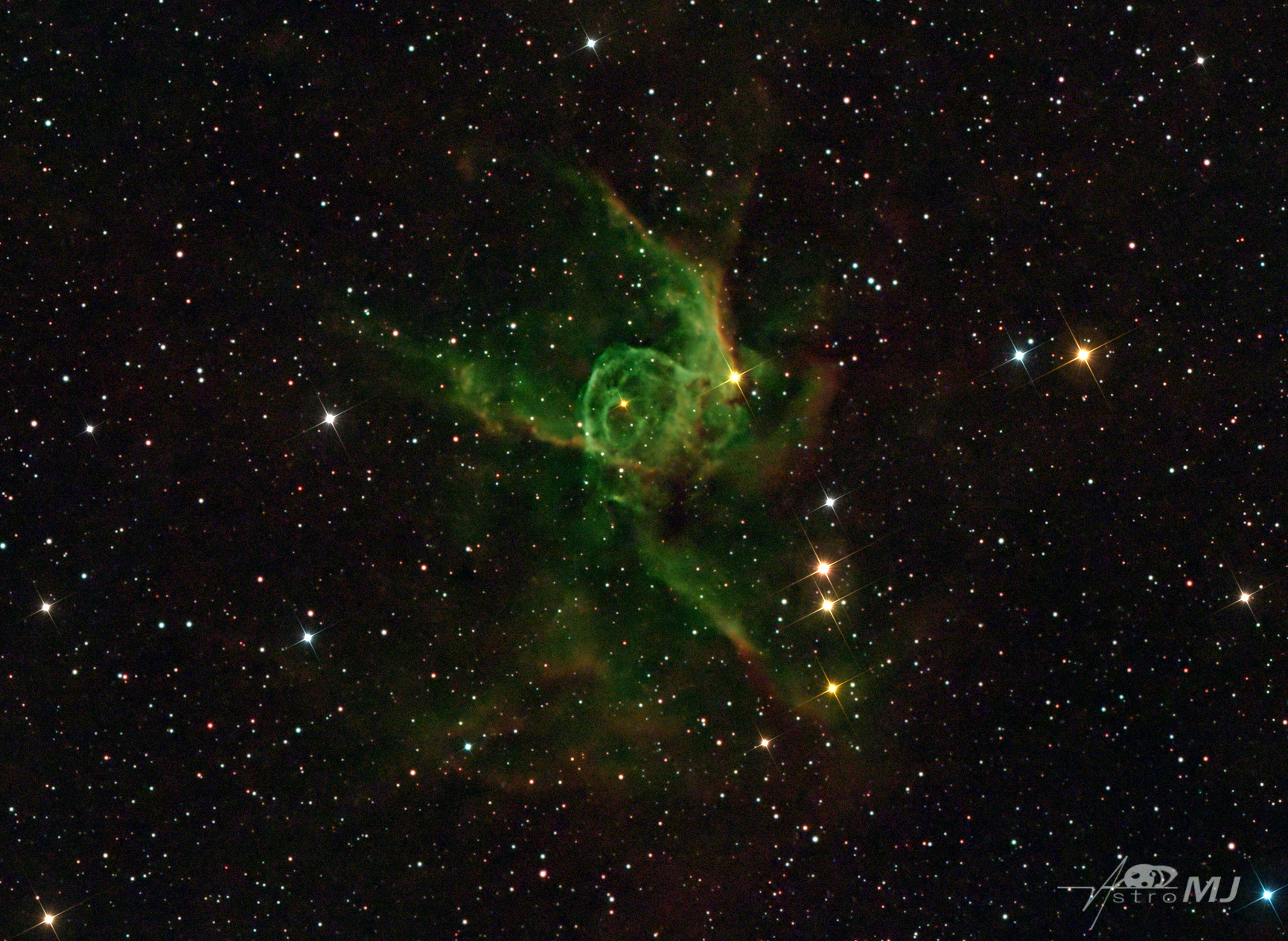 Thor's Helmet Nebula, a green bubble of ionized gas surrounding a Wolf-Rayet star